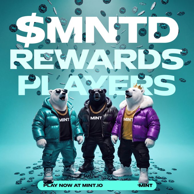 An advertisement displaying three bears wearing sunglasses, gold chains, and puffy jackets in teal, black, and purple, standing above large text reading '$MINTD REWARDS PLAYERS' and 'PLAY NOW AT MINT.IO'.