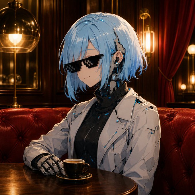 An anime girl with blue hair, pixelated sunglasses, and cybernetic enhancements enjoys a coffee in a moody, vintage-style lounge, fitting a reflective "gm" post about leaving @ChaosLabs after two intense years.