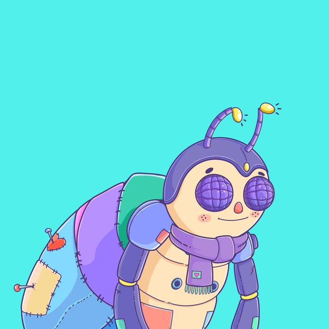 A cute cartoon snail-like character with purple shell, large purple eyes, antennae, and a purple scarf stands against a teal background, likely the artwork being raffled off in the DASHHQX community giveaway.