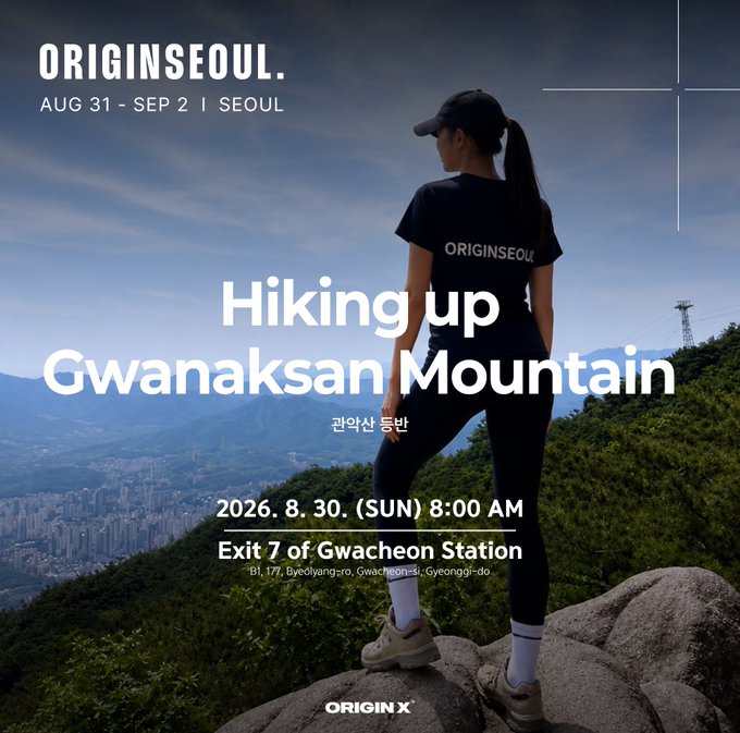 A promotional poster for 'ORIGINSEOUL.' featuring a person standing on a rocky mountain overlook with text announcing 'Hiking up Gwanaksan Mountain' on August 30, 2026, meeting at Exit 7 of Gwacheon Station.