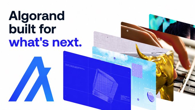 A promotional graphic for Algorand featuring its stylized "A" logo and the tagline "Algorand built for what's next," accompanied by layered cards showing imagery of hands on a keyboard and a golden bull—visually reinforcing its branding as forward-looking blockchain infrastructure for finance, tokenization, DeFi, and emerging technologies.