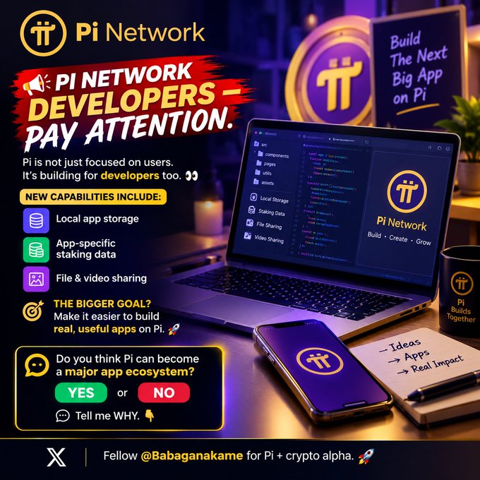 A promotional graphic for Pi Network targeting developers, highlighting new capabilities like local app storage, app-specific staking data, and file & video sharing, with a poll asking if Pi can become a major app ecosystem.