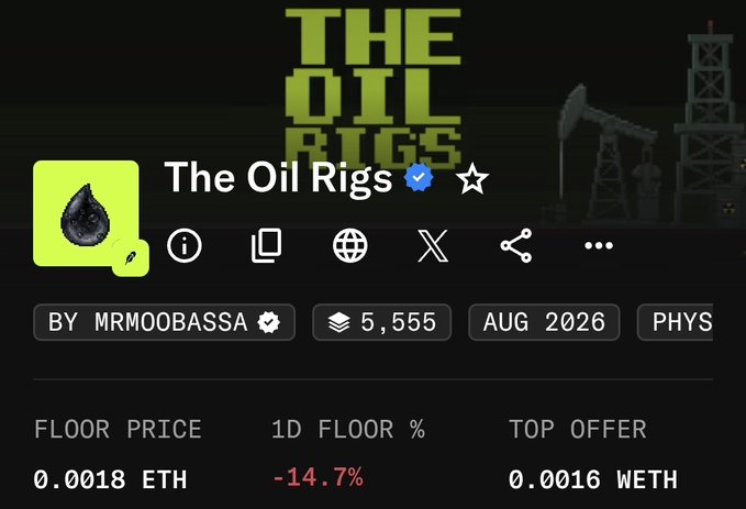 The image displays an NFT collection listing for "The Oil Rigs" on OpenSea, created by MRMOOBASSA, showing a floor price of 0.0018 ETH, a 1D floor drop of -14.7%, and a top offer of 0.0016 WETH. The sharp -14.7% daily decline in floor price visually supports the post's claim of a potential rug pull by @TheSaudisNFT, as the collection's value is clearly plummeting amid suspicious silence from the project owners on payout day.