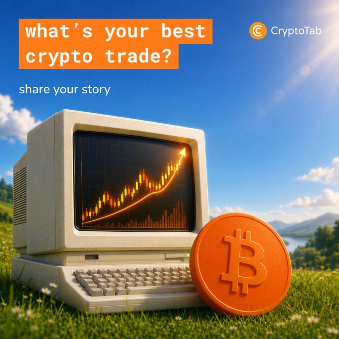 A retro computer displaying a rising chart next to a large Bitcoin coin sits on grass, paired with text "what's your best crypto trade? share your story" and the CryptoTab logo, inviting viewers to share their most memorable trading experiences.