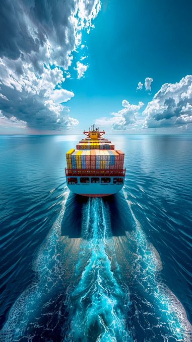 A large container ship loaded with colorful shipping containers sails across a calm blue ocean under a bright, partly cloudy sky, leaving a turquoise wake behind it.