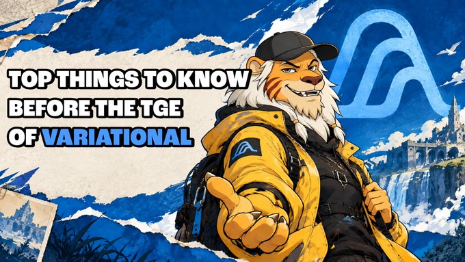 A promotional banner with an anthropomorphic tiger character wearing a yellow jacket and black cap, with text reading 'TOP THINGS TO KNOW BEFORE THE TGE OF VARIATIONAL' against a blue mountain landscape.
