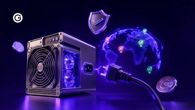 A 3D-rendered illustration of a power supply unit with blue LED-lit fans, connected to a glowing digital globe with location pins and a security shield icon.