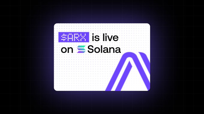 In the image, there's a large white square that has the word "ARX" written on it. The background of the image is black with small dots scattered throughout, creating a visually appealing pattern. Below the square, there are smaller blue letters that say "solana". This suggests that the post about ARX being live on Solana is likely related to cryptocurrencies and blockchain technology, as they both involve digital currencies like Bitcoin.