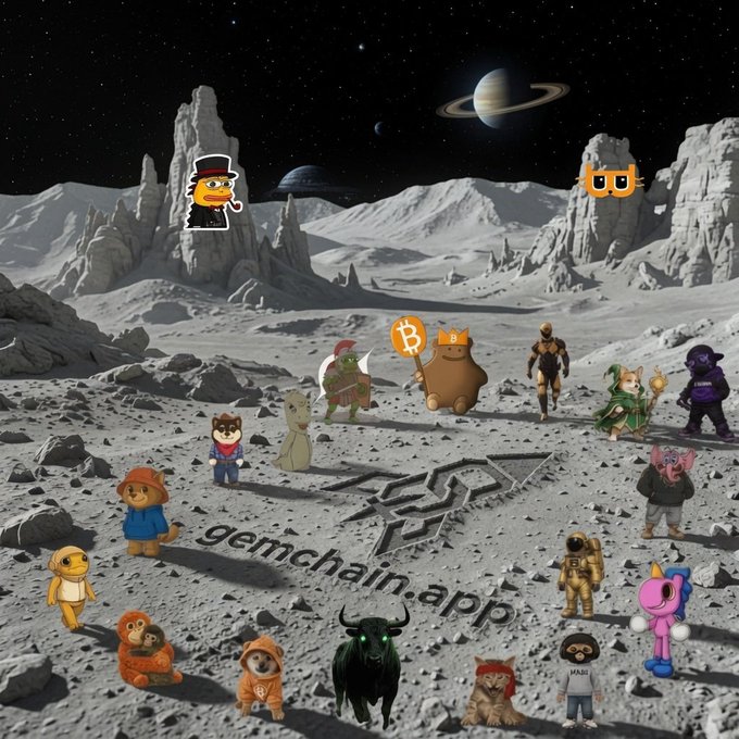 A promotional image for 'gemchain.app' featuring various NFT character avatars arranged on a moon-like lunar landscape with Saturn visible in the sky.