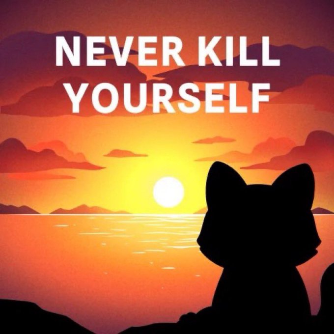 A black cat silhouette gazes at a vibrant orange sunset over water, with the bold white text "NEVER KILL YOURSELF" displayed above. The image serves as a supportive mental health message in response to the post.