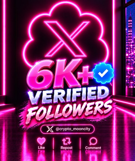 A neon pink promotional graphic announcing '6K+ VERIFIED FOLLOWERS' for the X account '@crypto_mooncity' with Like, Repost, and Comment icons.
