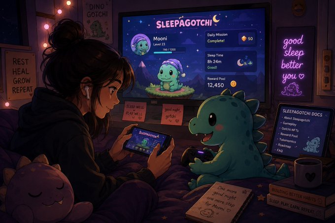 An anime-style illustration of a girl playing a 'Sleepagotchi' mobile game on her phone, featuring a cute dinosaur character on the screen and surrounding elements like a 'Dino Gotchi' poster and 'good sleep better you' neon sign.