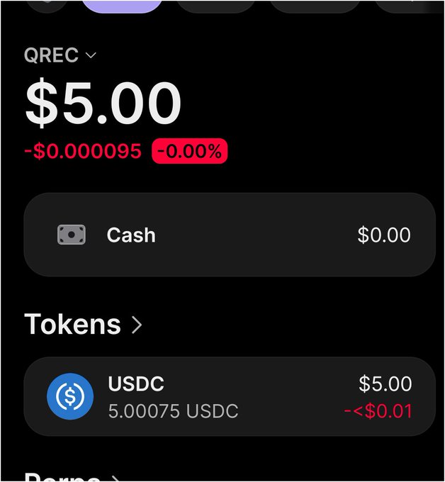 A cryptocurrency wallet interface displays QREC at $5.00 with a -0.00% change, showing a Cash balance of $0.00 and USDC token balance of 5.00075 USDC ($5.00).