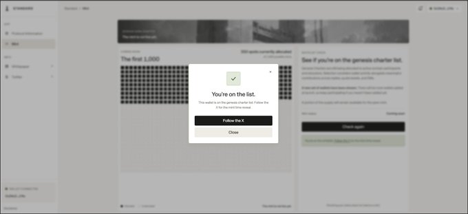 A blurred screenshot of an article with a modal pop-up reading 'You're on the list. This wallet is on the genesis charter list.' with 'Follow the X' and 'Close' buttons.