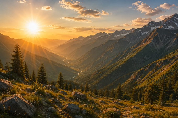 A breathtaking sunrise illuminates a vast mountain valley, with golden light spilling across pine-covered slopes and distant snow-capped peaks, perfectly capturing the serene beauty of a "Good morning" greeting to the X Family.