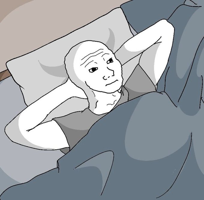 The image depicts a person lying in bed with a weary, exhausted expression, suggesting sleep troubles and mental fatigue. This aligns with the post's description of a meme trader who sacrifices sleep and mental well-being, repeatedly chasing the next big runner despite endless stress and losses.