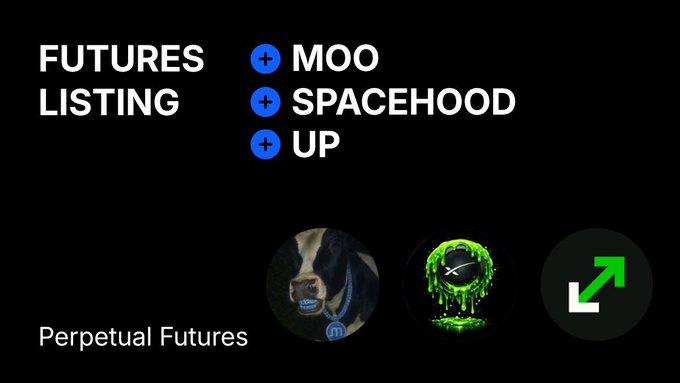 A 'FUTURES LISTING' announcement for 'MOO', 'SPACEHOOD', and 'UP' under Perpetual Futures, featuring small logos including a cow and a green dripping face.