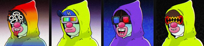 Four stylized cartoon character portraits in hooded outfits with different colors (red/grey, yellow with cap, purple, green) all featuring clown-like makeup with red noses and 3D glasses.