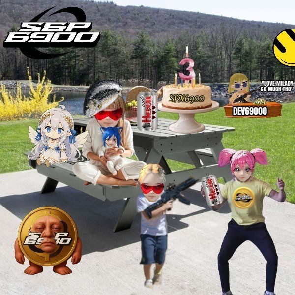 A collage featuring 'SPX6900' branding, combining real photos of children with anime-style graphics, energy drink cans, a birthday cake, and meme elements like a golden coin character.