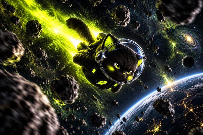 A fierce black cat in a green-accented spacesuit soars through an asteroid field, propelled by glowing green energy while Earth glows in the distance below, perfectly capturing the cosmic adventure of "Moonvember!"