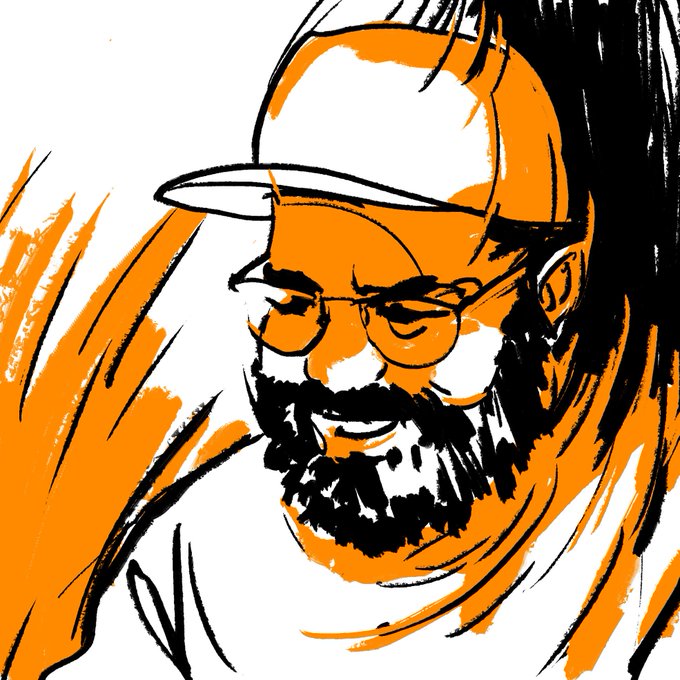 Stylized black, white, and orange illustration/portrait of a bearded man wearing glasses and a baseball cap, looking downward.