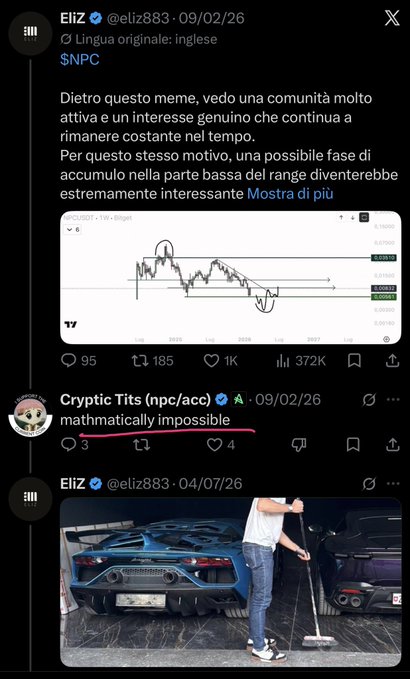 A Twitter feed showing posts by 'EliZ' (@eliz883) discussing the $NPC token, with one post containing a price chart and another showing a person next to a blue Lamborghini.