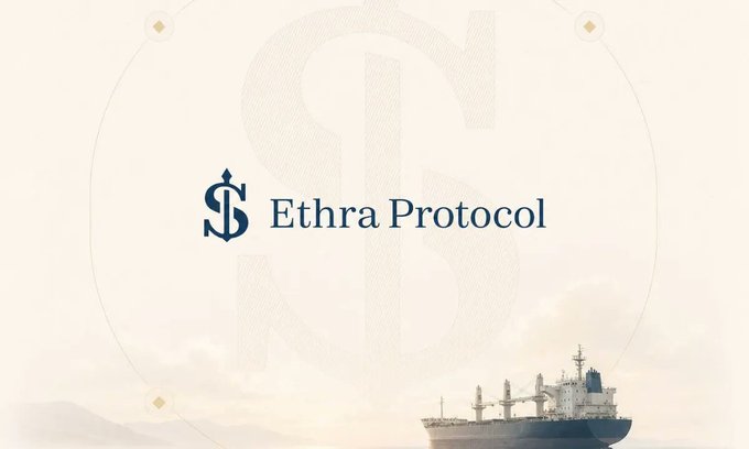 A promotional graphic for 'Ethra Protocol' featuring a large faded dollar sign, a naval ship on water, and a pale sky background.