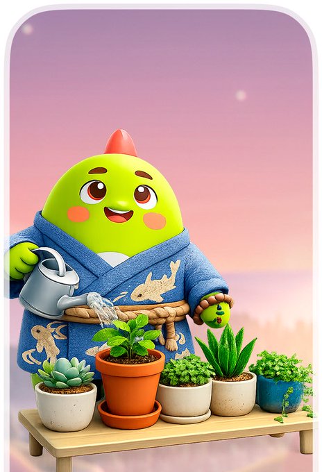 A cheerful green blob-like character in a blue robe waters a row of potted plants on a wooden shelf against a pink sunset sky. The image metaphorically illustrates the post's idea of nurturing growth—starting with a simple daily habit (watering/sleep) as a foundation to cultivate broader routines and patterns, much like tending seedlings into flourishing plants.