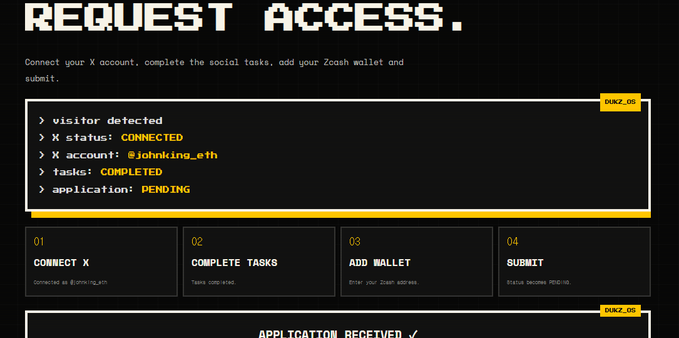 A pixel-art styled 'REQUEST ACCESS' interface shows an X account @johnking_eth as connected with tasks completed and application pending.