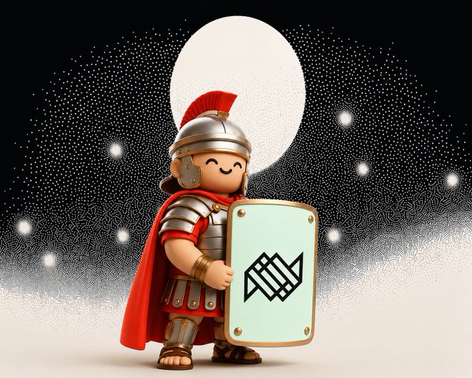 A cute chibi-style Roman legionnaire with a red plume helmet and cape stands triumphantly holding a shield featuring a geometric logo, set against a starry night backdrop with a full moon—symbolizing the strong $FOLD community referenced by @theInterfold.