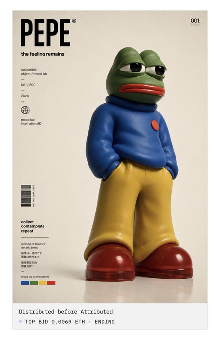 The image features a colorful frog figurine standing upright with its arms crossed, wearing a blue sweater and yellow pants. The frog is positioned against a white background, making it stand out prominently. Below the frog's feet are red shoes that match the color of his outfit. In the bottom right corner of the image, there is text that reads "congrats to @jarethcjr for acquiring distributed before attributed didn't realise it was you previously due to ens not refreshed thank you once again for collecting another piece in the collection".