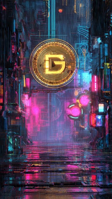 A cyberpunk-style digital artwork featuring a large golden cryptocurrency coin with a stylized 'D' symbol floating above a neon-lit, rainy futuristic street scene with pink and blue lighting.