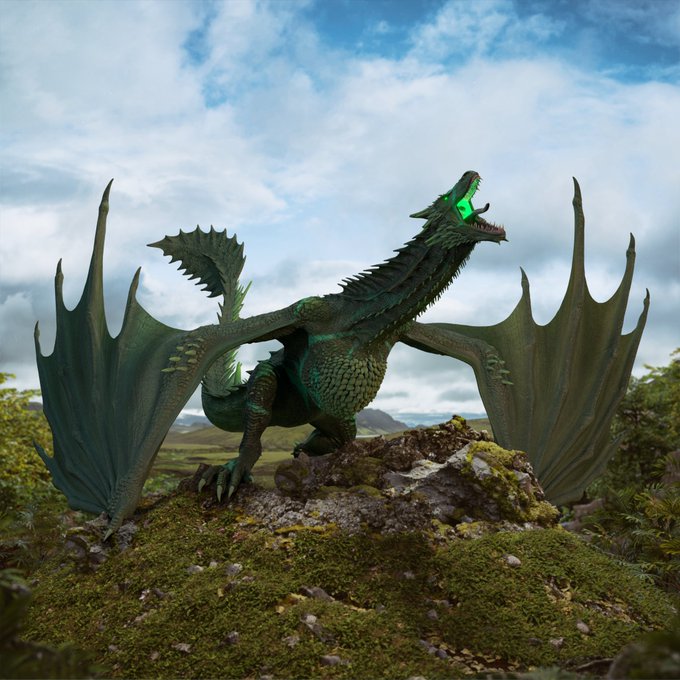A 3D-rendered green dragon with glowing green eyes and outstretched wings stands on a mossy rock in a grassy landscape under a cloudy sky.