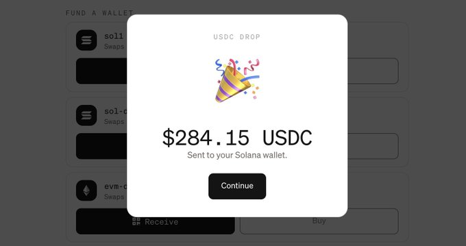 A "USDC DROP" notification popup showing $284.15 USDC sent to a Solana wallet, displayed over a "Fund a Wallet" interface with a Continue button.