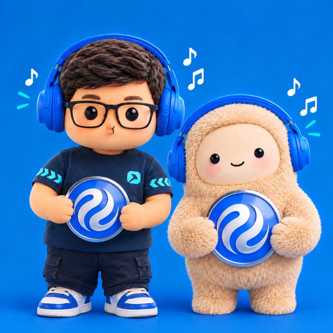 A 3D-style cartoon illustration of a boy and a plush character both wearing blue headphones and holding the Injective (INJ) logo coin.