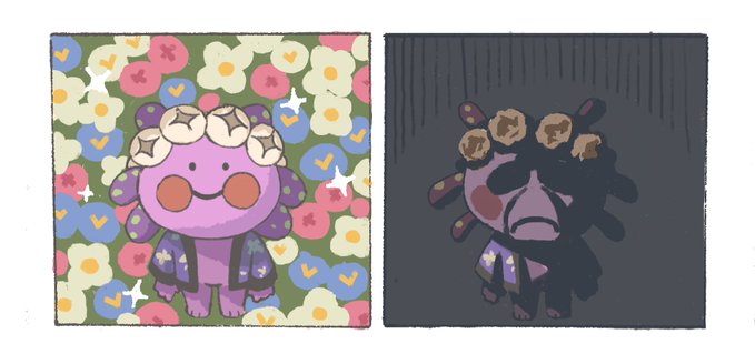A side-by-side illustration of a cute purple mushroom-like character with rams horns, shown happy in a colorful floral setting on the left and somber in shadow on the right.