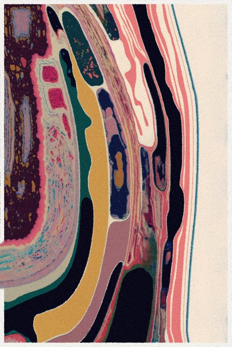 An abstract artwork with flowing, organic shapes in pink, teal, gold, black, and beige tones, resembling layered geological strata or ink dispersing through liquid, visually echoing the "Ink Essence" theme of the Nauthera NFT drop.