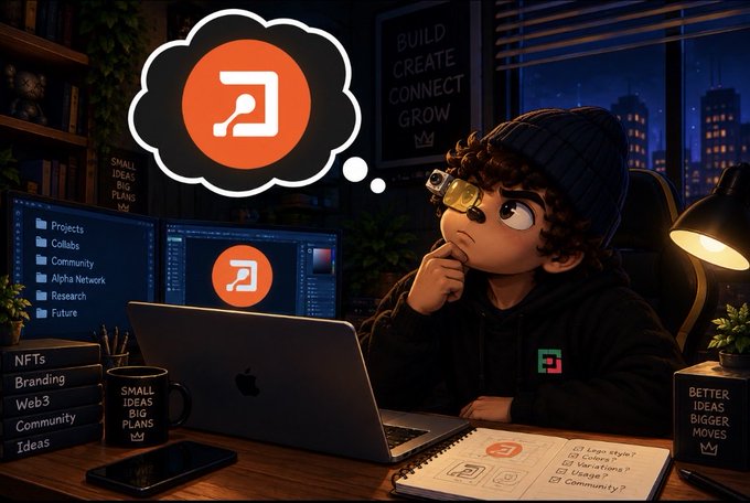 A cartoon curly-haired coder sits at a laptop in a dark workspace, thinking about an orange app-like logo, with visible text including “BUILD CREATE CONNECT GROW,” “SMALL IDEAS BIG PLANS,” and “NFTs Branding Web3 Community Ideas.”