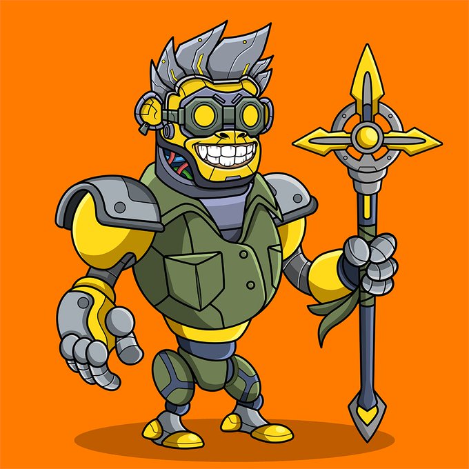 A cartoon illustration of a robotic character with a yellow face, gray spiky hair, goggles, and military-style attire, holding a staff against an orange background.