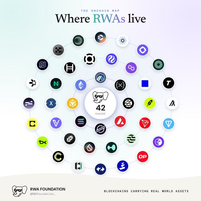An infographic titled 'Where RWAs live - THE ONCHAIN MAP' by RWA Foundation shows a network of 42 blockchain logos arranged in a circular web, with the tagline 'BLOCKCHAINS CARRYING REAL WORLD ASSETS'.