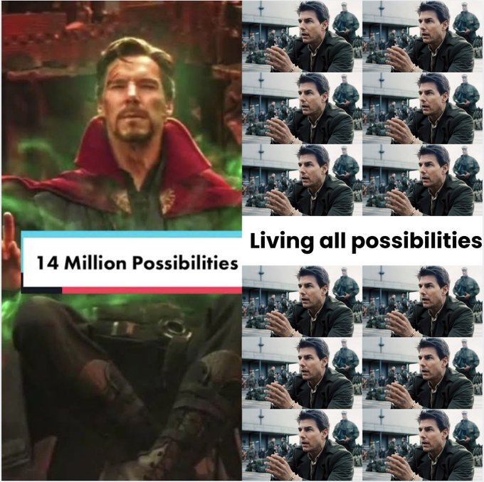 A meme referencing "Doctor Strange" and "Quantum" that highlights "14 Million Possibilities" on the left and "Living all possibilities" on the right, paired with a post showing multiple repeating frames of Colin Farrell—a fitting visual analogy to the countless possibilities that quantum computers like $YAP aim to explore.