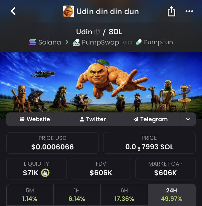 A screenshot of a Pump.fun meme coin page for "Udin din din dun" ($UDIN) on Solana via PumpSwap, showing a price of $0.0006066, liquidity of $71K, FDV/market cap of $606K, and a 49.97% gain over 24 hours, with an army of meme characters rallying behind a central flying figure—visually echoing the post's theme of "building an army of believers."