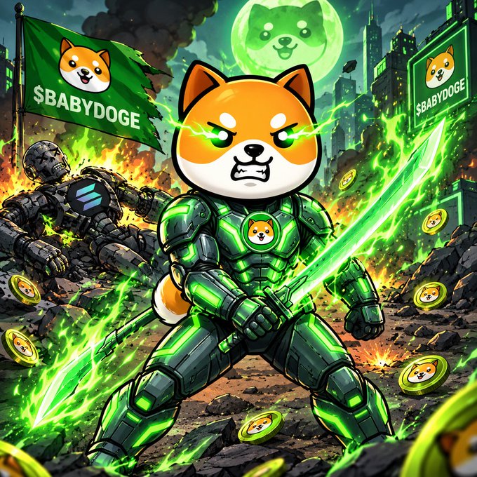 A digital illustration shows a Shiba Inu dog in green armor wielding a glowing green spear, with '$BABYDOGE' flags and coins scattered around in a battle scene.