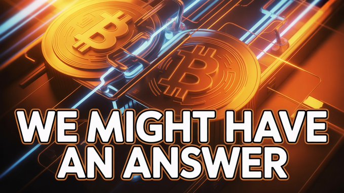 The image features two Bitcoins, one larger than the other, placed side by side with a caption that reads "We Might Have an Answer" above them. The background of the image appears to be a computer screen or a website, which could be related to Bitcoin mining or cryptocurrency trading.