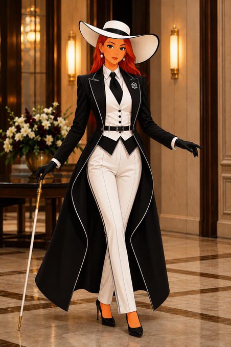 The image shows a stylish red-haired woman wearing an elegant black and white suit with a wide-brimmed hat, long coat, and holding a cane in a luxurious hotel lobby. The post's caption suggests this is an avatar or profile image being used to greet followers on social media, possibly teasing a return related to the ticker $ANSEM mentioned in the text.