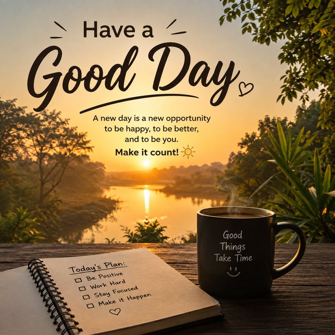 An inspirational graphic displays the text 'Have a Good Day' and 'Make it count!' over a scenic river at sunset, featuring a coffee mug labeled 'Good Things Take Time' and a notebook listing 'Today's Plan: Be Positive, Work Hard, Stay Focused, Make it Happen'.