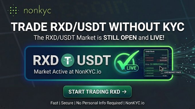 A promotional advertisement for nonkyc.io reads 'TRADE RXD/USDT WITHOUT KYC' with text stating 'The RXD/USDT Market is STILL OPEN and LIVE!' and a 'START TRADING RXD' button.