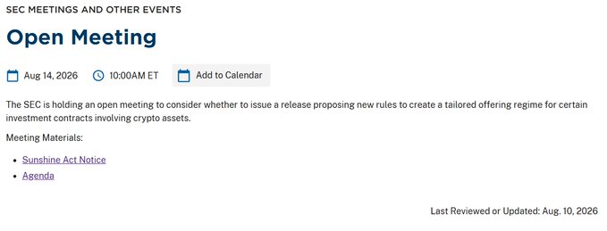 A screenshot of a webpage titled 'Open Meeting' under 'SEC MEETINGS AND OTHER EVENTS', stating that 'The SEC is holding an open meeting to consider whether to issue a release proposing new rules to create a tailored offering regime for certain investment contracts involving crypto assets,' scheduled for Aug 14, 2026, at 10:00AM ET.