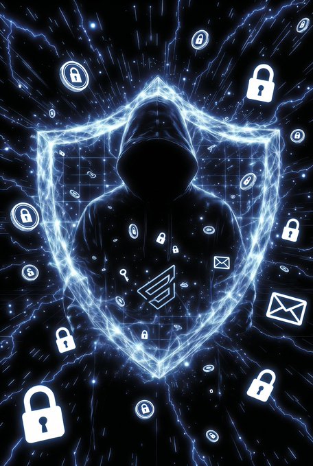 A glowing digital artwork of a hooded figure surrounded by a blue energy shield, floating padlocks, and envelope icons against a dark background.