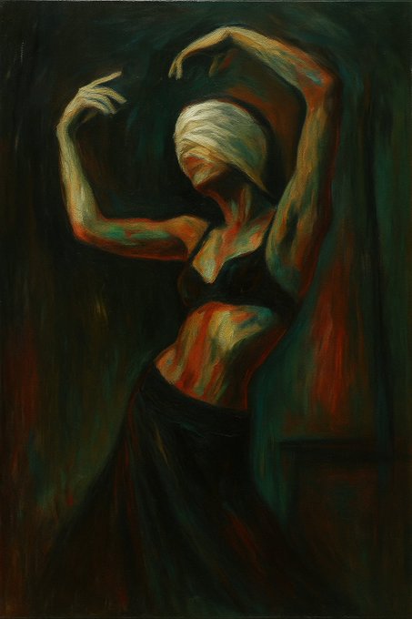 A painting of a woman in a black top and skirt with her arms raised above her head, painted in dark, moody tones of green, red, and brown.